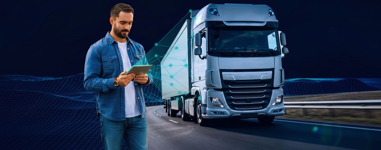 IMAGEM DE UM CAMNHÃO COM UM HOMEM FEITO DE IA NO TABLET — Agência Nacional de Transportes Terrestres